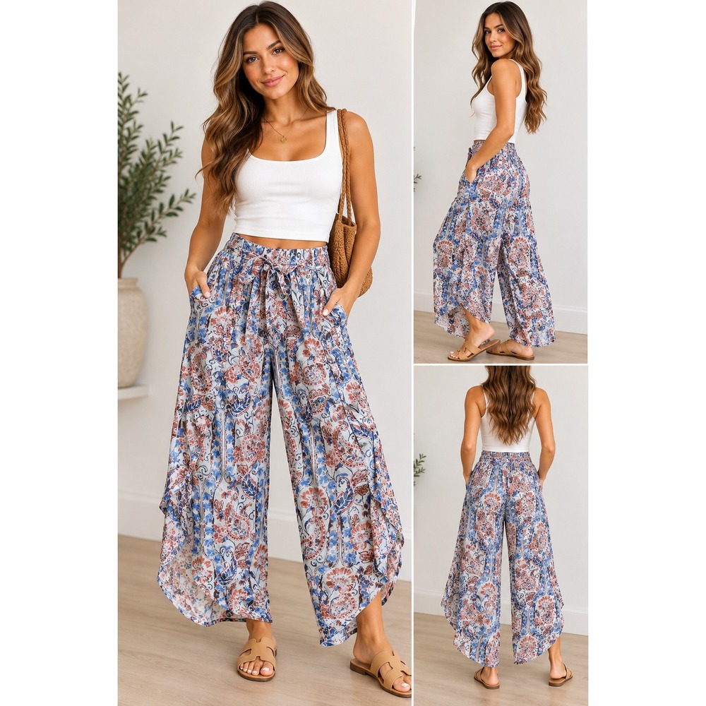 BCX Paisley Print Wide Leg Tulip Hem Pants Blue Orange Floral XS